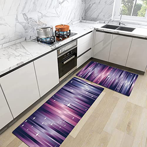 2stk Küchenteppich Waschbar rutschfest Küchenmatte,Aubergine, abstrakte bunte Strahlen Hintergrund mit weißen Sternen Raum inspiriert lil,Küchenläufer Fußmatte Teppich Läufer Badematten 45x70+45x120cm