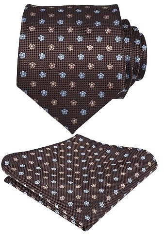 Alizeal Mens Regular Small Floral Pattern Necktie with Hanky for Business Wedding Tie and Handkerchief Set, Brown+Blue