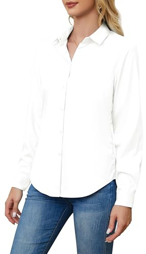 TOLOVIC Faltenfreie Damen-Hemden mit Knopfleiste für Damen, langärmelig, Stretch, Business, Büro, formelle Arbeit, Blusen, Weiß 1, X-Groß