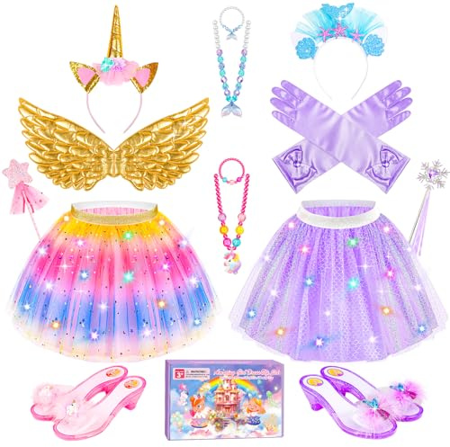 Jeowoqao Girls Dress Up with LED Light, Princess Dress Pretend Play Costumes, Toddler Girls Dress up Set Tutu Skirts, Wings, Princess Shoes Toys Gift for Girls 3 4 5 6 Years