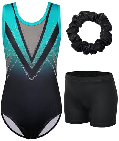 ZNYUNE Mädchen Turnanzug mit hose Haarband Set gymnastikanzug Kinder Shorts trikot turnen Ärmellos/Langarm Kleidung klassisch Turnbody B293 BlackGreen 12A