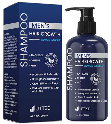 Uttse Biotion Hair Growth Shampoo for Men: Natural Thickening Shampoo with Tea Tree Oil Ginseng Mint for Hair Loss and Thinning Hair - 10.1 fl.oz, Dark Blue