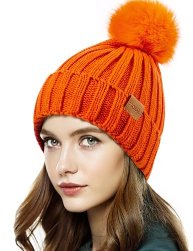 PIOZAED Bonnet d'hiver Chaud doublé en Polaire avec Pompon en Fausse Fourrure pour Femme, Orange, Taille Unique