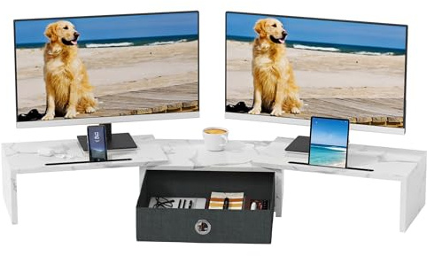OYRREU Monitor ErhöHung Schreibtisch, Monitorständer mit Schublade BildschirmerhöHung 2 Monitore Monitor Ständer Holz, Monitor Riser TV PC Monitor Stand(Weiß, 99 x 23,6 x 15,5 cm)