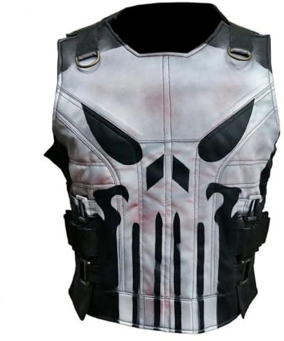 Men's Punisher Season 2 Skull Frank Castle Motorcycle Black Real Leather Vest Costume, Black, Medium