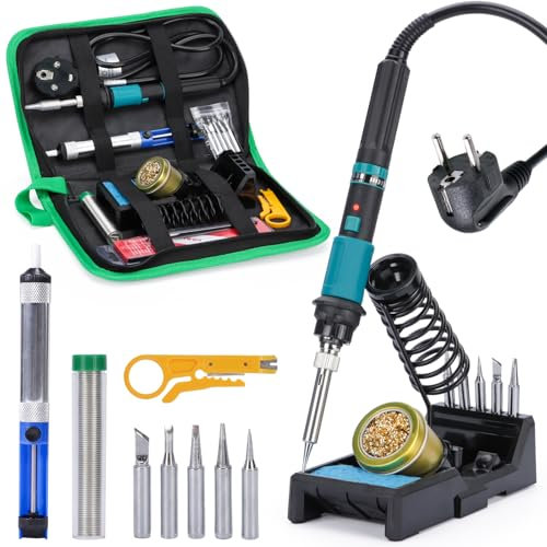 YIHUA 947-IX Kit Fer à Souder Électronique avec Température Réglable 220~480°C, Bouton d'Allumage Fer à Souder Électrique Température Contrôlée ESD-Sécurisé avec Support 5 Pointes de Soudure(EU PLUG)