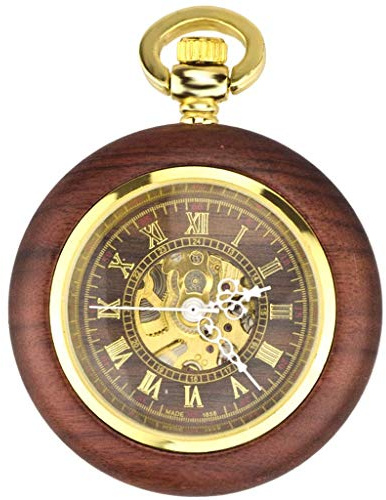 HUIBBGO Reloj de bolsillo vintage de caoba, automático, mecánico, para hombre y mujer, clásico, retro, ahuecado, collar antiguo, reloj para hombre y mujer, C