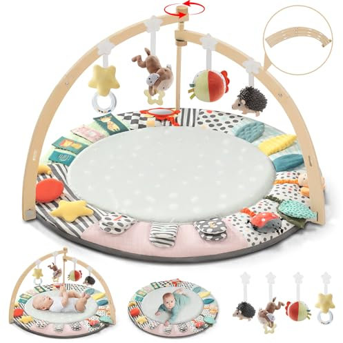 Baby Play Mat, Wooden Baby Play Gym with 6 Development Zones, Foldable Baby Mats for Floor Play, Playmats & Floor Gyms with 7 Detachable Sensory Toys, Newborn Baby Essentials Activity Mat 0-18 Months