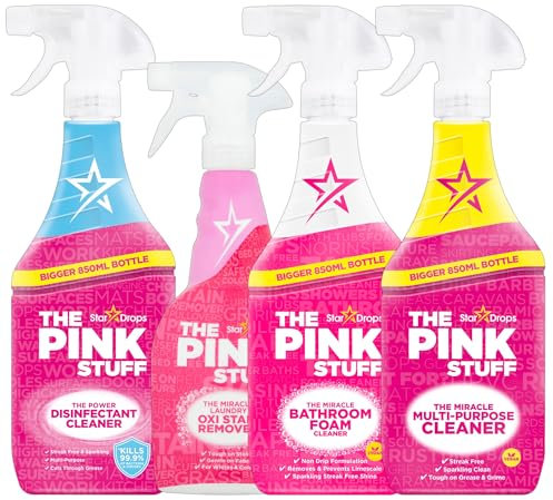 Stardrops The Pink Stuff Cleaning Bundle, 850ml Bottles, Pack of 4 – Multi-Purpose Cleaner, Bathroom Foam Cleaner, Disinfectant Cleaner, and Laundry Oxi Stain Remover 500ml