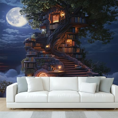 Bookshelf Wallpaper, Fantasy Tree Library Book Wall Mural, Wallpaper for Bedroom Living Room, Home Decor, Photo Wall Paper, 200 x 140 cm W&Q