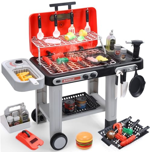 CUTE STONE Kids BBQ Grill Toys, Color Changing Play Food, Sizzling Sound & Light Effects, Cool Mist Spray, Pretend Cooking with Frying & Grilling, 2-Tier BBQ on Wheels - Kitchen Toy Gift Ideas