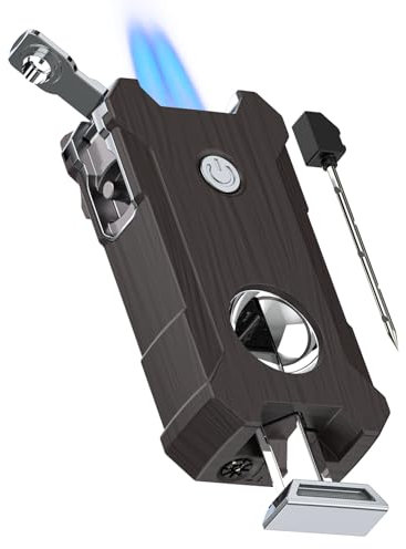 All-in-One Cigar Torch Lighter, with V Cigar Cutter, Holder, Punch, Draw Enhancer Tool, Double Jet Flame Windproof Rechargeable 5-in-1 Lighters without Butane