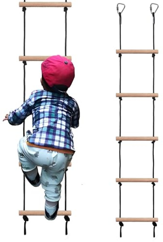 Rope Ladder for Kids, Ninja Warrior Obstacle Course Accessories - Heavy Duty Wooden Climbing Ladder with 2 Hooks for Treehouse, Swing Set, Trampoline & Playground (5-Step, 120kg Capacity) (Black)