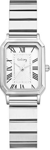 JewelryWe Damenuhr Kleine Rechteckige Uhren: Vintage Römische Ziffern Analog Quarz Armbanduhr mit Silber Schmalem Edelstahlarmband Luxus Elegante Uhr für Damen Frauen