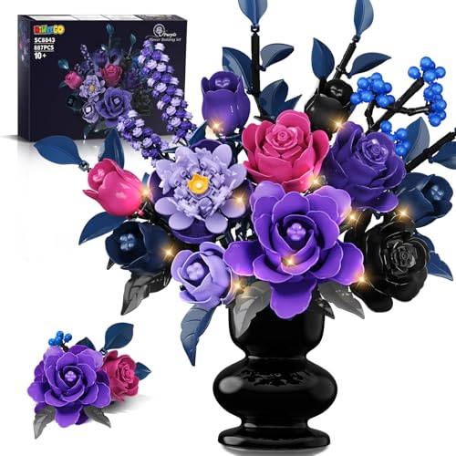 HiWEEGO Kit de construction de fleurs - 17 blocs de construction avec LED - 887 pièces - Fleurs artificielles - Jouet - Collection botanique de roses violettes - Décoration d'intérieur pour adultes et