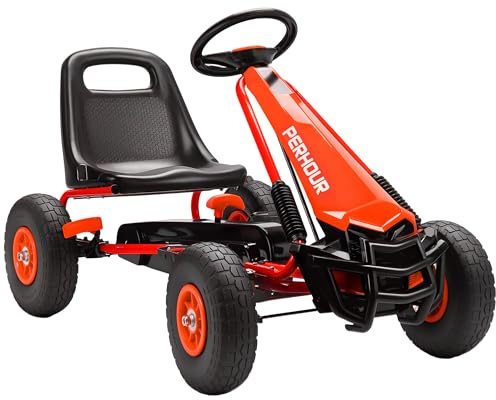 AIYAPLAY Gokart, Tretauto mit Handbremse, verstellbarem Sitz, Vor- und Rückwärtsgang, Pedalantrieb, Kinderfahrzeug mit Eva Reifen, manueller Kupplung, Tretfahrzeug für Kinder 3-8 Jahren, Rot
