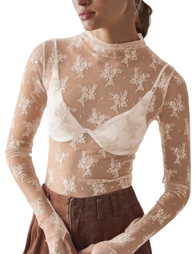 Maglietta da donna trasparente con pizzo floreale e fori per il pollice, maglietta da donna a maniche lunghe in rete, elegante camicetta casual con colletto alto e pizzo trasparente, beige., XL