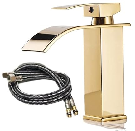 Rostfritt stål vattenfall handfat kran med slang för varmt och kallt vatten, toalett, badrum, kök, hem (guld kort)