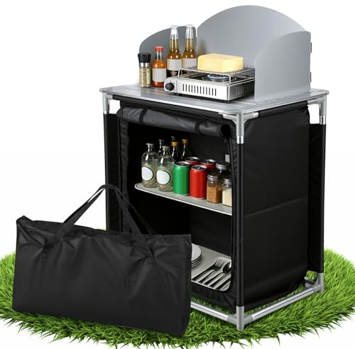 Fogmiea Armoire de camping avec cadre en aluminium et protection anti-éclaboussures, armoire de tente, boîte de cuisine, cuisine d'extérieur avec sac de transport et compartiments de rangement
