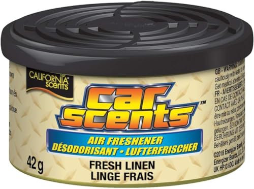 California Scents Ambientador de coche en Lata - Fragancia Duradera de Lino (Hasta 30 Días) - 42g, El embalaje puede variar