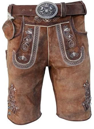 Alpenlife Kurze Herren Lederhose mit Gürtel, Braun, Speckig, Antik Look Leder, Oldtimer (Gr.58)