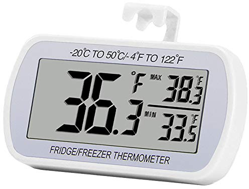 Refrigerator Thermometer Digital Fridge Freeze Room Thermometer Waterproof Large LCD Display Max/Min Record Function, White