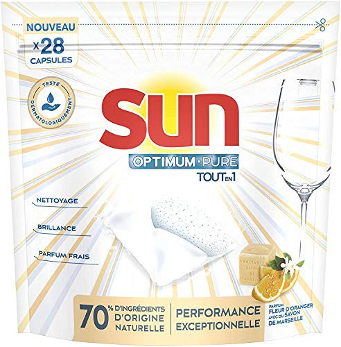 Sun Pastilles Lave-Vaisselle Optimum Pure Tout En 1 Citron Savon de Marseille & Fleur d'Oranger x28, Vaisselle éclatante, Ingrédients Naturels, Nettoyage, Brillance & Parfum frais, 28 Tablettes
