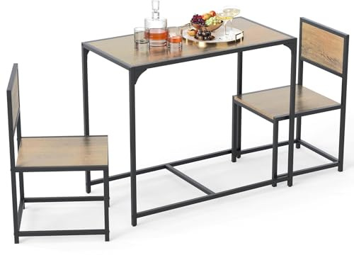 COSTWAY Dining Table Chairs, 3 Piece Metal Frame Kitchen Counter Furniture Include 1 Table and 2 Chairs, Home Office Living Room Breakfast Bar Table Set (Natural, without Footrest)
