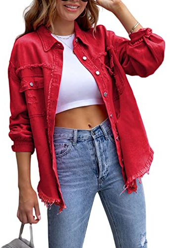 Perbai Chaqueta de mezclilla rasgada de gran tamaño para mujer, dobladillo deshilachado, botones frontales, abrigo de mezclilla estilo boyfriend con bolsillos, Rojo -, M