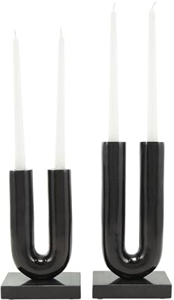 Deco 79 Aluminum Metal Geometric Decorative Candle Holder U-Shaped Candle Stand with Marble Bases, Set of 2 Candlestick Holder 9', 11'H, Black