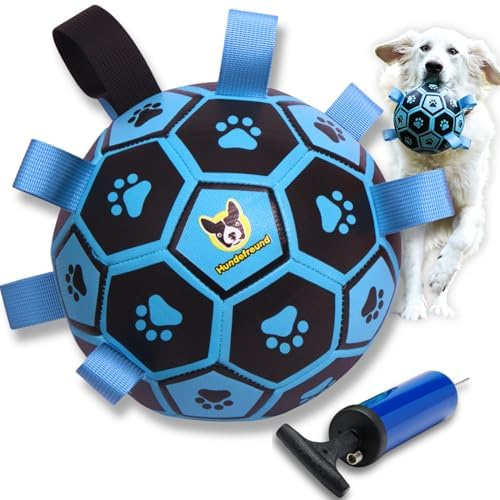 Hundefreund Pallone da Calcio per Cani di Taglia Grande Blu Luminoso con Manici, Giocattolo Pallone da Calcio per Cani per Cani di Taglia Grande con Pompa, Palla Interattiva per Cani (18 cm) per