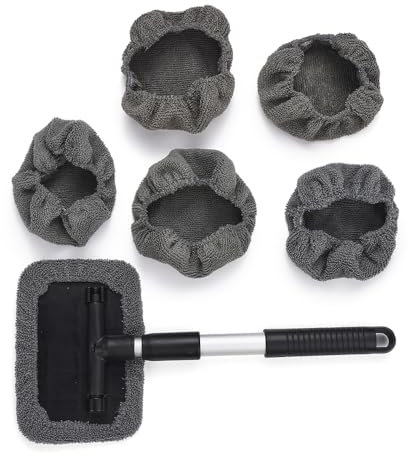 JSCARLIFE Retractable Car Windscreen Cleaner Tool, Car Window Cleaner Inside Kit with 6pcs Washable Microfiber Cloth 180°Rotating Car Windshield Cleanning Wiper Car Glass Cleaner Brush for Auto SUV
