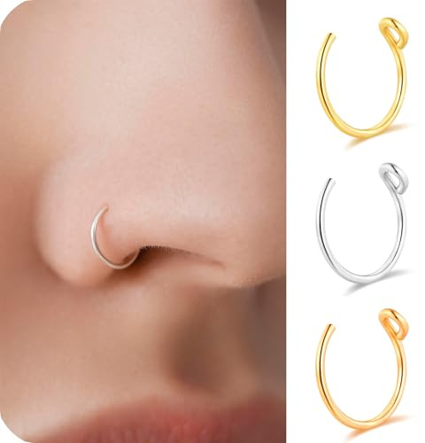 BelleVive Ensemble de 3 faux anneaux de nez pour femmes, en acier au titane 18 K, sans besoin de piercing, 22 gauge 7 mm, anneau de septum nasal artificiel en forme de cercle, pour femmes, 3 couleurs