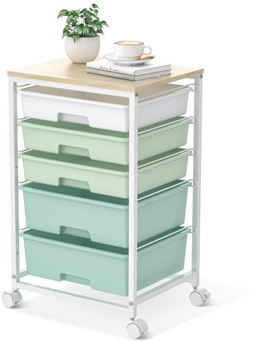 SYKIARIOL Chariot à roulettes avec 5 tiroirs, chariot de cuisine avec plateau en bois, meuble de rangement pour cuisine, salon, chambre, bureau, vert