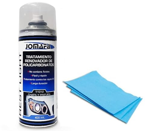 JOMAFA Kit Spray Restaurador De Faros Pre ITV Renovador De Policarbonatos, 400 ml Y 10 Paños De Fibra De Poliester para Desengrasar