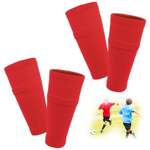 FIBOGOUP 2 pares de espinilleras para niños y hombres, calcetines con bolsillo optimizado, espinilleras de fútbol, transpirables, antideslizantes, estables (rojo S)