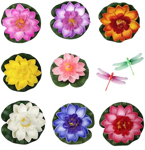 GWAWG 8-pack flytande blommor, flytande vattenlilja, flytande lotusblommor, flytande akvarieväxter, konstgjord lotus med dragonfly för pond-dekoration