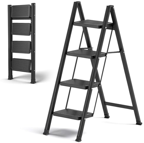 Escalera de 4 peldaños, plegable, ligera y compacta, pequeña escalera con mango de goma, diseño antideslizante, soporte seguro, capacidad de carga hasta 150 kg, para cocinas, hogar, exteriores, color