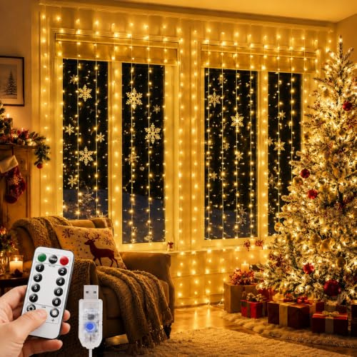 ZingBox LED Lichtervorhang Innen, 3x3m 300 LED Lichterkette, USB mit Timer Fernbedienung, 8 Modi, Warmweiß Lichterketten Vorhang für Zimmer, Wand, Party, Weihnachts, Balkon, Hochzeit Deko