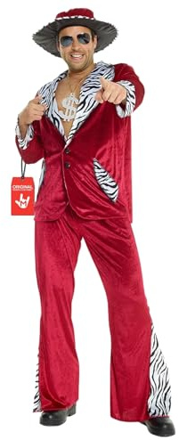Morph Röd 70-talsdräkt för Herrar - elegantsliknande Retrokavaj med Djärva Zebraprintdetaljer, Byxor & Hatt