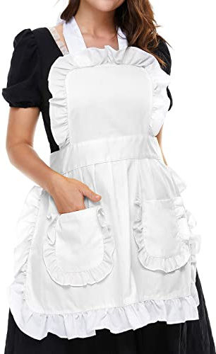 LilMents Women's Ruffles Outline Retro Pockets Apron Kitchen Cooking Cleaning Maid Costume (White)