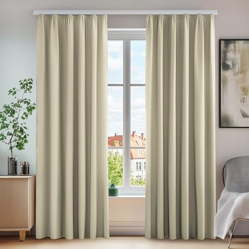 Deconovo Set med 2 gardiner kontor värmeisolering anti-kyla sovrum mörkläggningsgardin vardagsrum balkong dekoration rynkelband mörk beige 140 x 220 cm