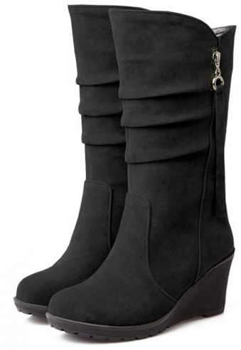 Dernolsea Ladies Faux Suede Pixie Mid Calf Boots - Chunky Wedge Heeled Slouch Boots for Women with Pull On & Zip Detail Black Size 7