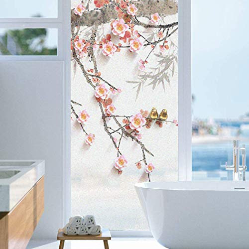 Xijier Film décoratif pour fenêtre - Motif fleurs de cerisier - Branches d'arbre de Sakura - Peinture à l'encre - Autocollant en verre dépoli pour la maison - 55 x 85 cm