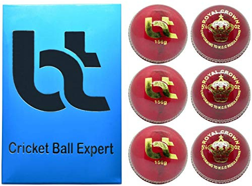 BT Red Cricket Ball - Pack of 6 Genuine Leather Cricket Balls for International Standard Cricket and Practice | Bat-Friendly Hard Cricket Ball Made from Sustainable Sources | 156g