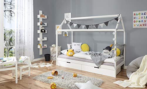 TiCAA Kinderbett Hausbett mit Schubkasten 90x200 cm, für Jungen & Mädchen, Montessori Bett weiß aus Kiefer Massivholz