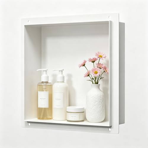 Bernkot Nicchia Doccia in Acciaio Inox 304 Bianco Acciaio da Parete Incasso 30 x 30 x 10 cm Nessuna Piastrella Richiesta Montaggio a Flusso