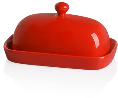 Sweejar 7.1 Butter Dish with Lid,Ceramic Butter Dish With Knob Handle(Red)