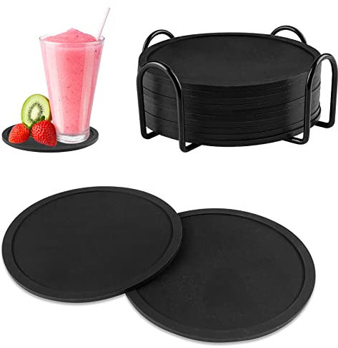 Gvolatee 12 Pezzi Sottobicchieri Silicone Nero con Supporto Set, Personalizzati Sottobicchiere in Silicone Forma di Dischi in Vinile per Bevande, Rotondi Sottobottiglia da Tavola, Birra Bar e Auto
