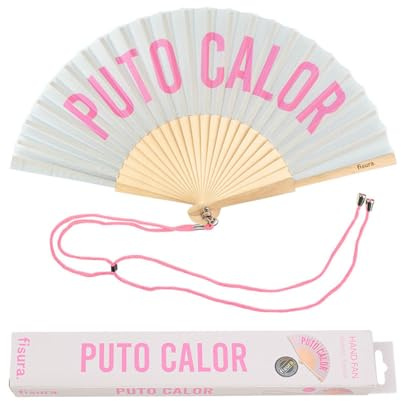 Fisura – Original folding fan with message “P*to calor”. Grey wooden handheld fan for women. Lightweight accessory for raves, weddings, birthdays, festivals, parties and creative gift ideas.